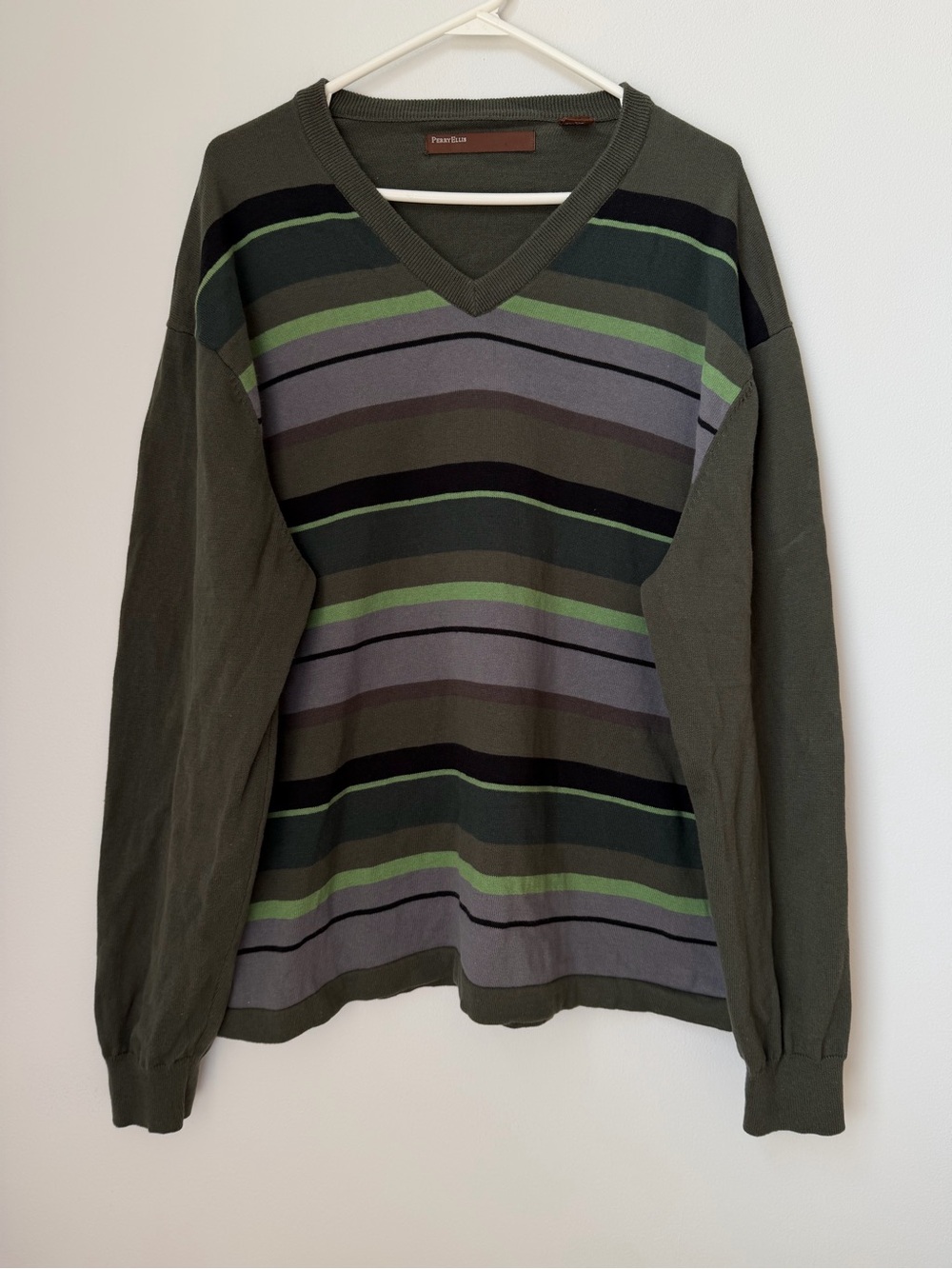 Perry Ellis Olive Green Striped V-Neck Lightweight Cotton Knit Sweater Men's XXL